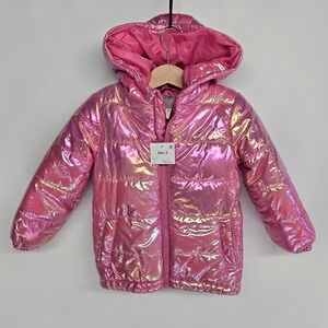 Anko Puffer Jacket Kids‎ Size 3 Pink Metallic Iridescent Hooded Winter Coat NEW